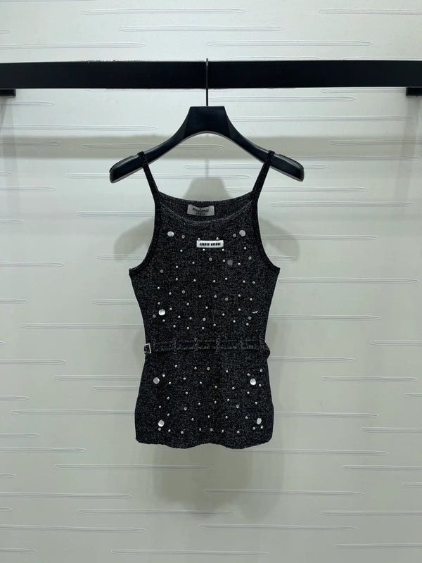 Miumiu 2026 Top en maille avec détails en cristal et taille ceinturée en laine
