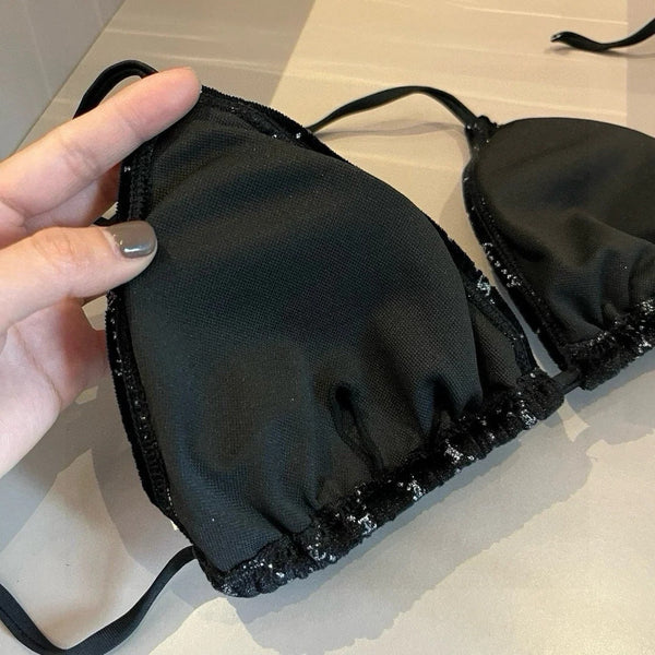 Completo costume da bagno bikini CC a quadri bianchi e neri 625992