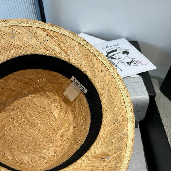 CAPPELLO DI PAGLIA MM IN RAFIA BEIGE CON DECORO DI FIORI NERI