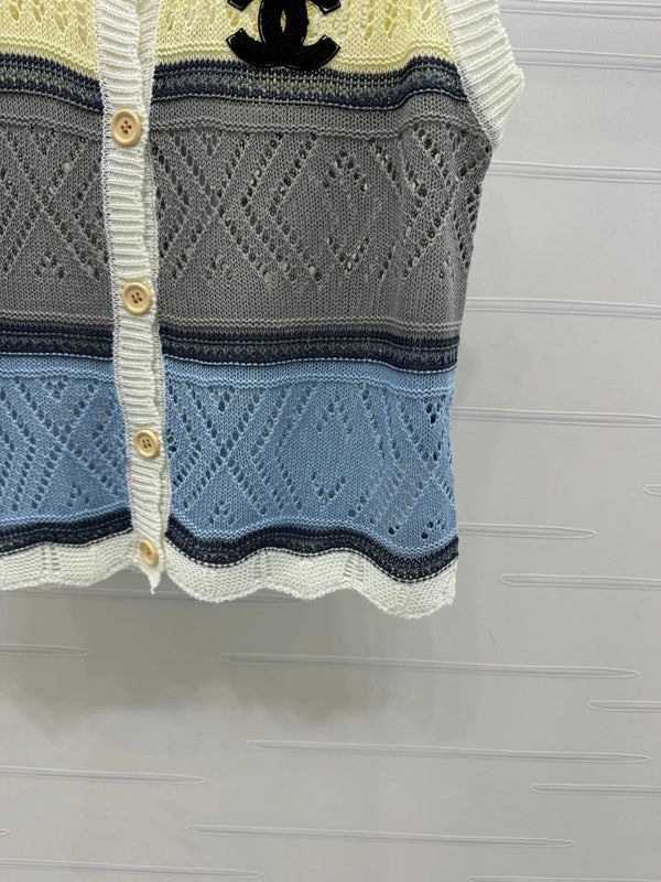 CHANEL EMBROIDERED LOGO OPEN-KNIT VEST 274869