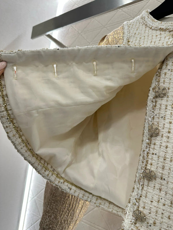 CC 26 Gilet Veste Patchwork Beige Blanc Laine Coton 331228