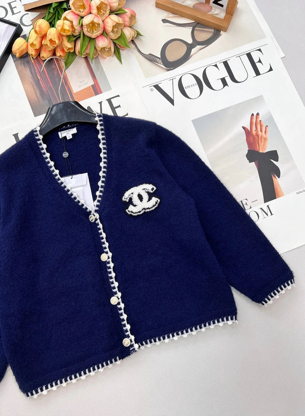 Cardigan en maille col V bleu marine laine cachemire CC 26 785160