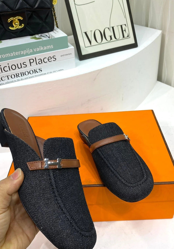 IENA MULE TELA NERA E PELLE DI VITELLO MARRONE