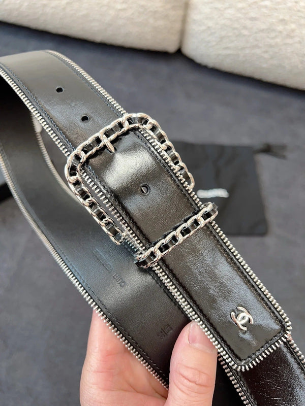 CINTURA 40MM IN PELLE DI VITELLO NERA CON FIBBIA A CATENA INTRECCIATA E CERNIERA CON FINITURE IN ARGENTO
