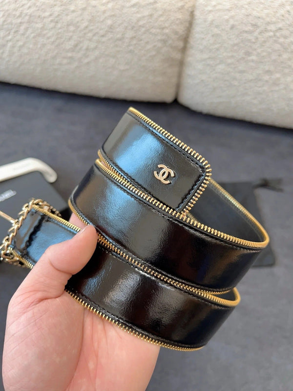 CINTURA 40MM IN PELLE DI VITELLO NERA CON FIBBIA A CATENA INTRECCIATA E CERNIERA CON FINITURE ORO