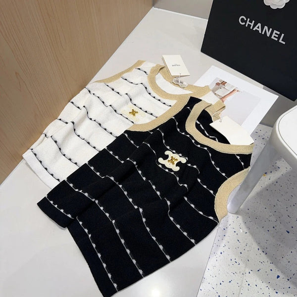 STRIPED TANK TOP 615178 IN WHITE COTTON RIBBED BEIGE TRIM