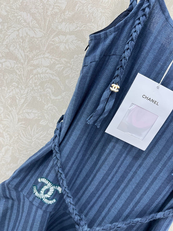 CHANEL DENIM HALTER DRESS WITH TRIM DETAILS 275134