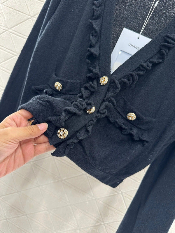 CHANEL RUFFLE-TRIM KNITTED CARDIGAN DRESS SET 276599