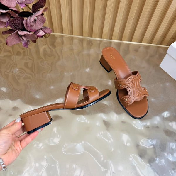 CE 26s Triomphe Block Heel Mules In Cognac Calfskin