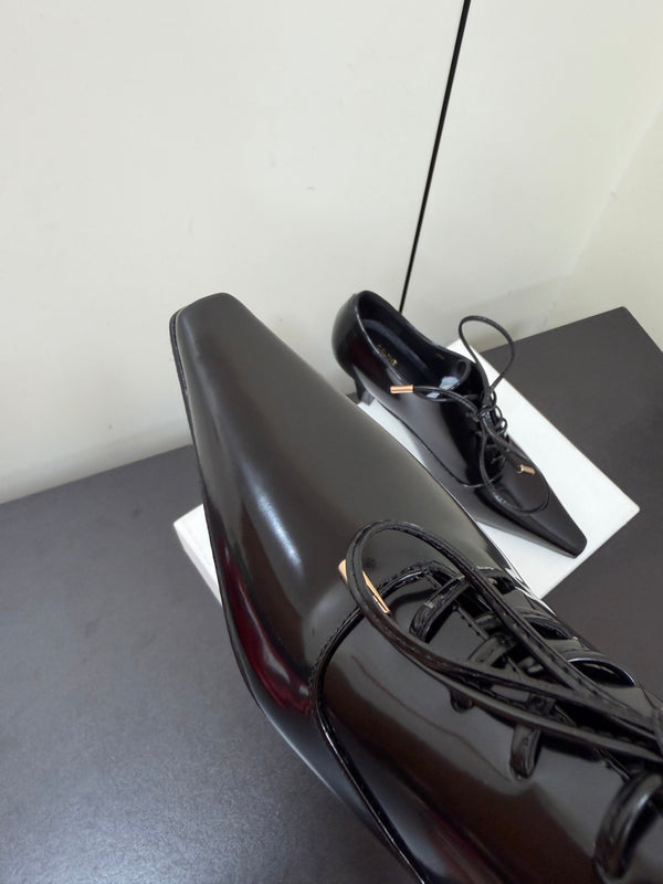 CE 26s Lace Up Pointed Toe Pumps Patent Calfskin