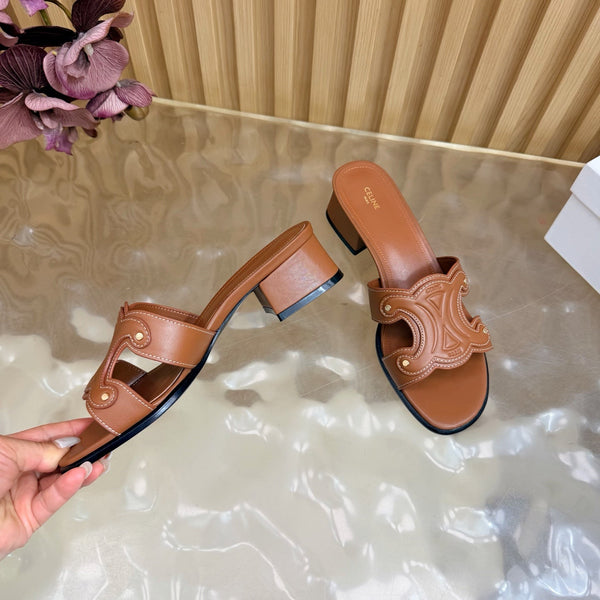 CE 26s Triomphe Block Heel Mules In Cognac Calfskin