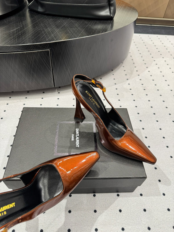 YSL 26S Slingback Heels 10.5cm Buckle Closure Glossy Calfskin