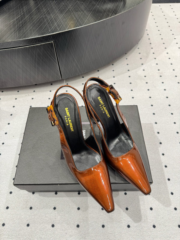 YSL 26S Slingback Heels 10.5cm Buckle Closure Glossy Calfskin