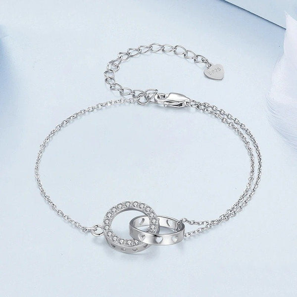 Silver Double Circle Bracelet Eternity Adjustable Chain Link Platinum Plated