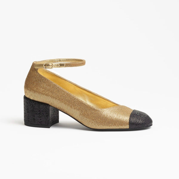 mary janes gold black fabric