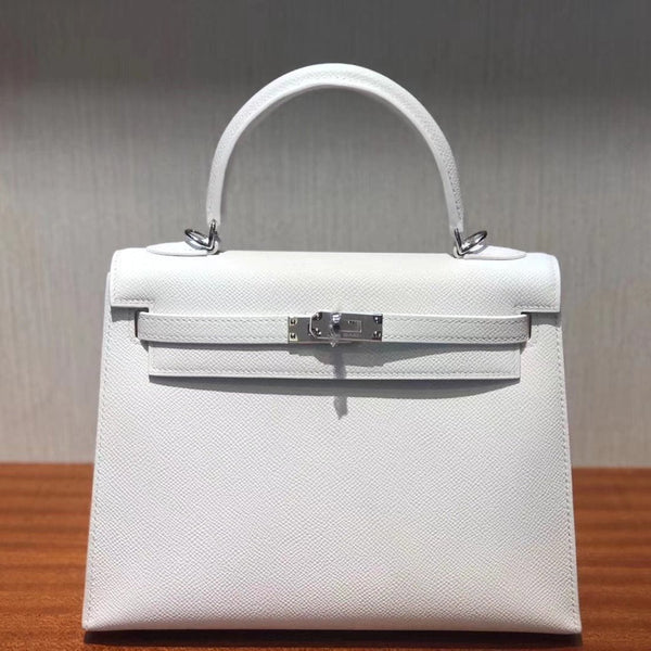 HM KELLY 25CM PURE WHITE EPSOM LEATHER HARDWARE ARGENTO
