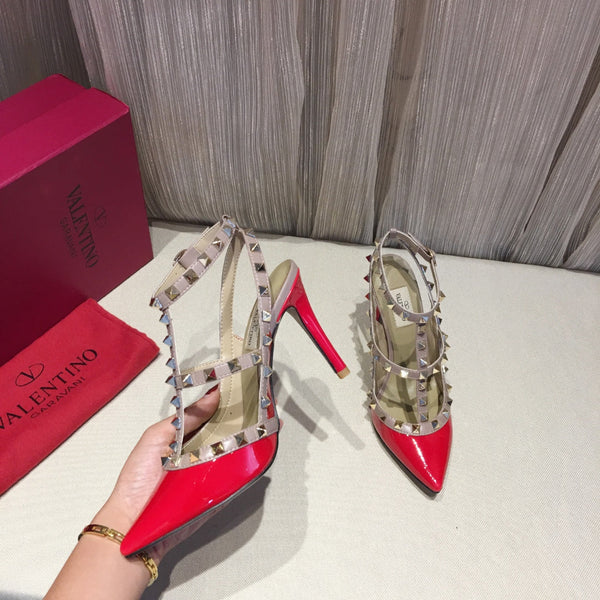 Valentino Rockstud Caged Pumps 100mm Pelle Verniciata Rossa 239632