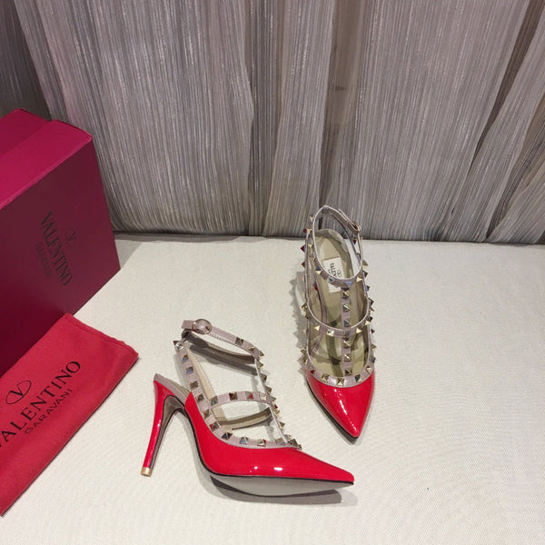 Valentino Rockstud Caged Pumps 100mm Pelle Verniciata Rossa 239632