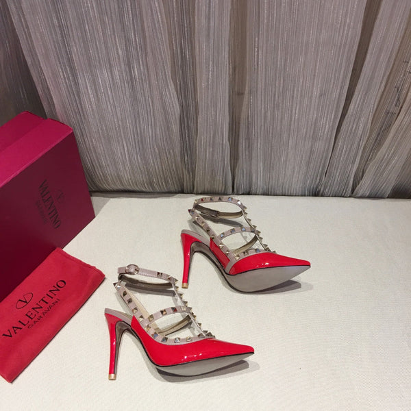 Valentino Rockstud Caged Pumps 100mm Pelle Verniciata Rossa 239632