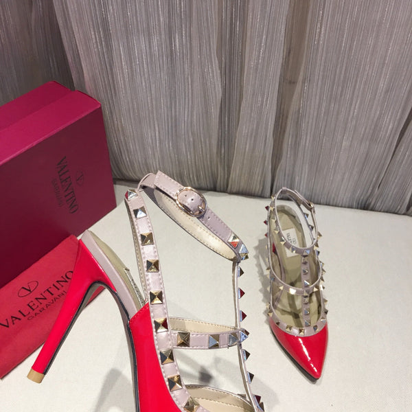 Valentino Rockstud Caged Pumps 100mm Pelle Verniciata Rossa 239632