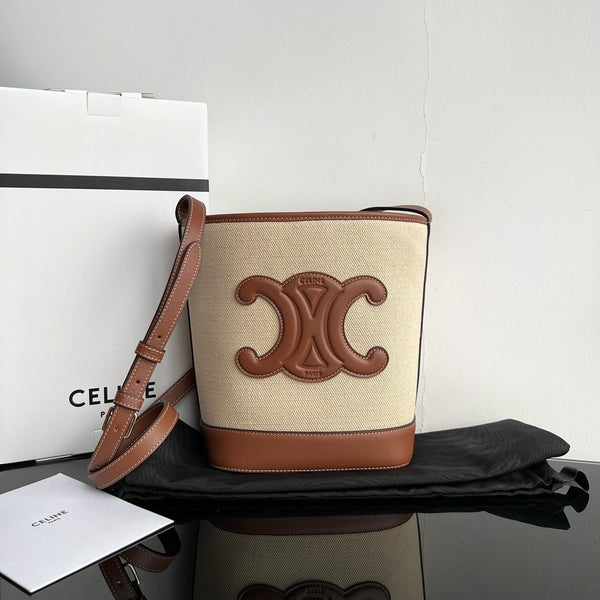 SECCHIELLO PICCOLO CUIR TRIOMPHE 24CM IN TESSUTO A RIGHE E PELLE DI VITELLO TAN