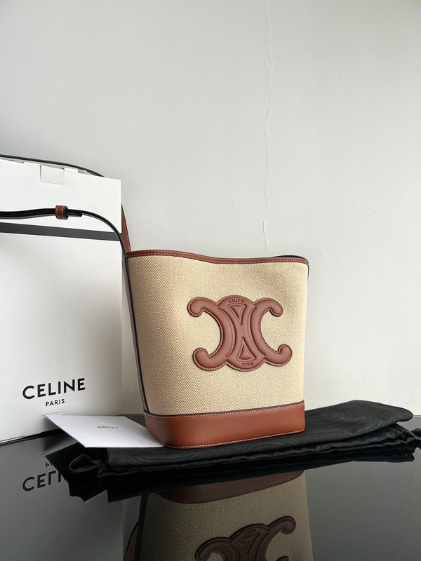 SECCHIELLO PICCOLO CUIR TRIOMPHE 24CM IN TESSUTO A RIGHE E PELLE DI VITELLO TAN
