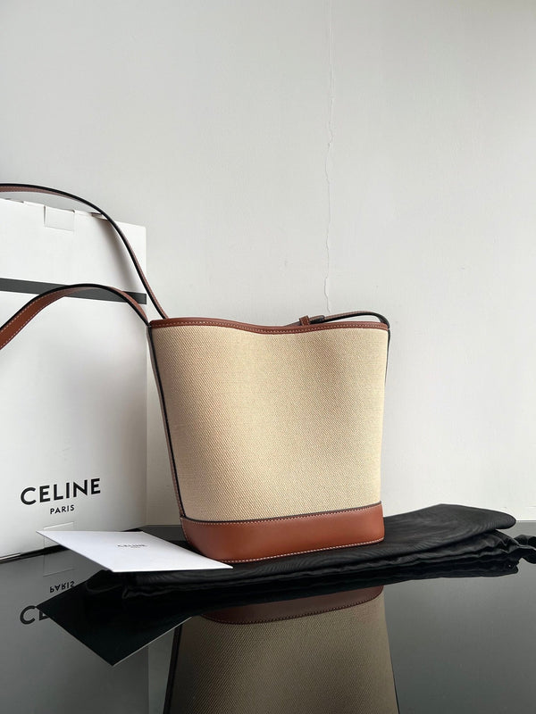 SECCHIELLO PICCOLO CUIR TRIOMPHE 24CM IN TESSUTO A RIGHE E PELLE DI VITELLO TAN