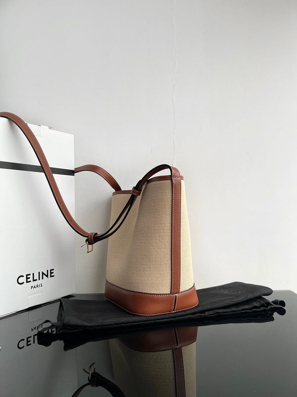 SECCHIELLO PICCOLO CUIR TRIOMPHE 24CM IN TESSUTO A RIGHE E PELLE DI VITELLO TAN