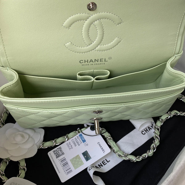 Medium Classic Flap Bag 23cm Light Green Lambskin Silver Hardware