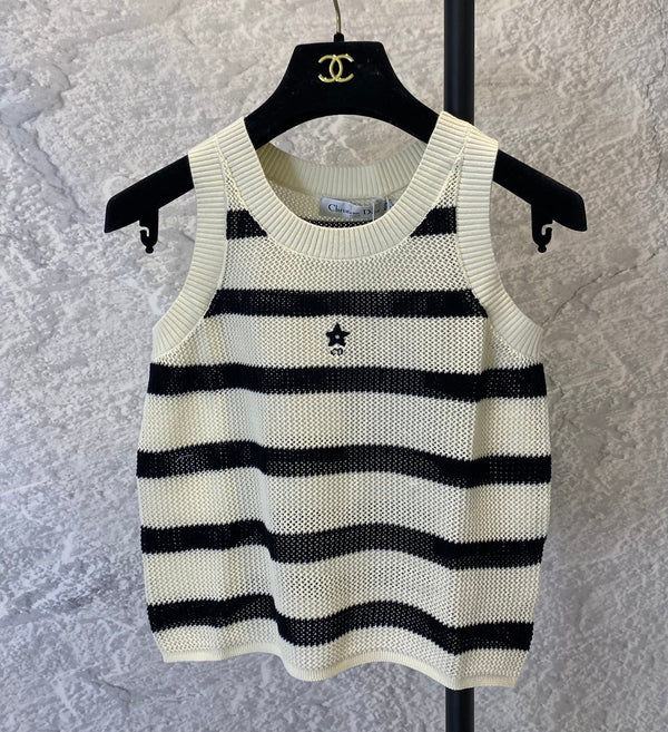 Gilet lavorato a maglia cava nero e beige