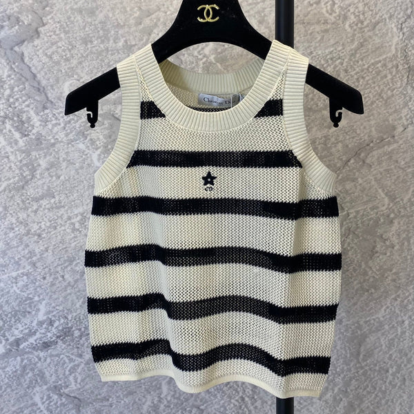 Gilet lavorato a maglia cava nero e beige