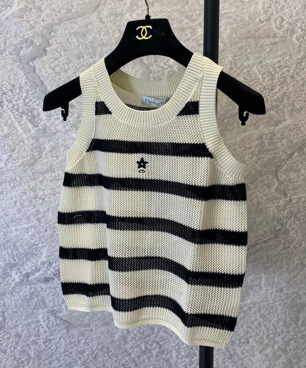 Gilet lavorato a maglia cava nero e beige