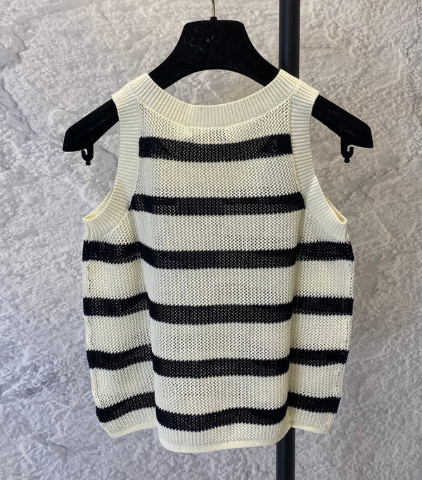 Gilet lavorato a maglia cava nero e beige