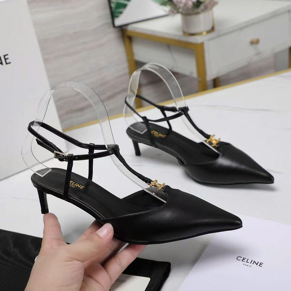 Cel High Heel 5cm Slingbacks in Black Gold Logo Calfskin