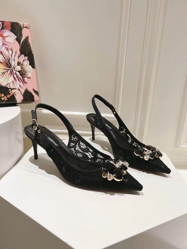 D&G High Heel Slingback Pumps Rhinestones in Black Lurex Lace