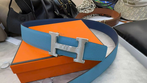 HM Silver Constance & Reversible Belt 38mm Blue Leather