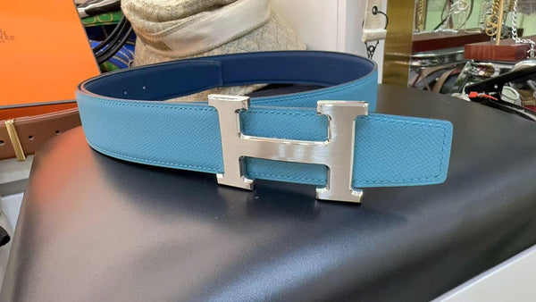 HM Silver Constance & Reversible Belt 38mm Blue Leather