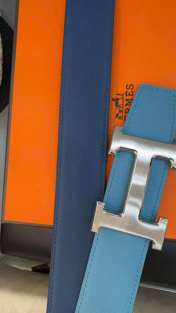 HM Silver Constance & Reversible Belt 38mm Blue Leather