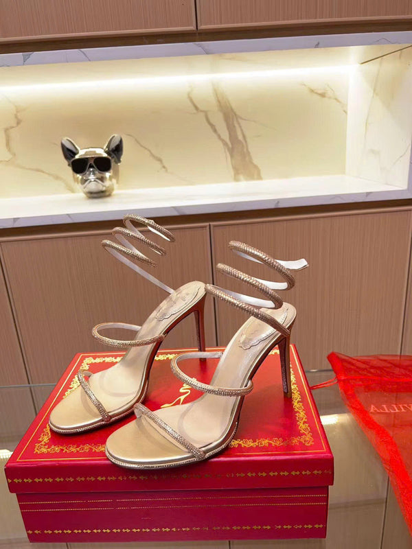 RC Cleo 95 mm Crystal-Embellished Sandals Gold Satin Leather