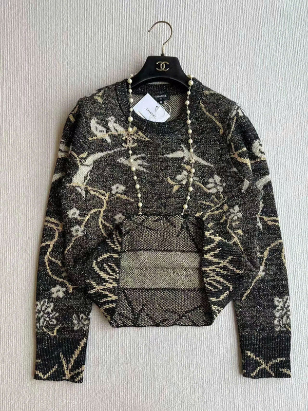 CC Sweater in Navy Blue Gold Wool and Metal Film