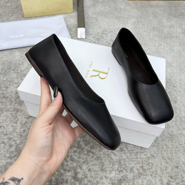 The Row square ballet flats black cowhide