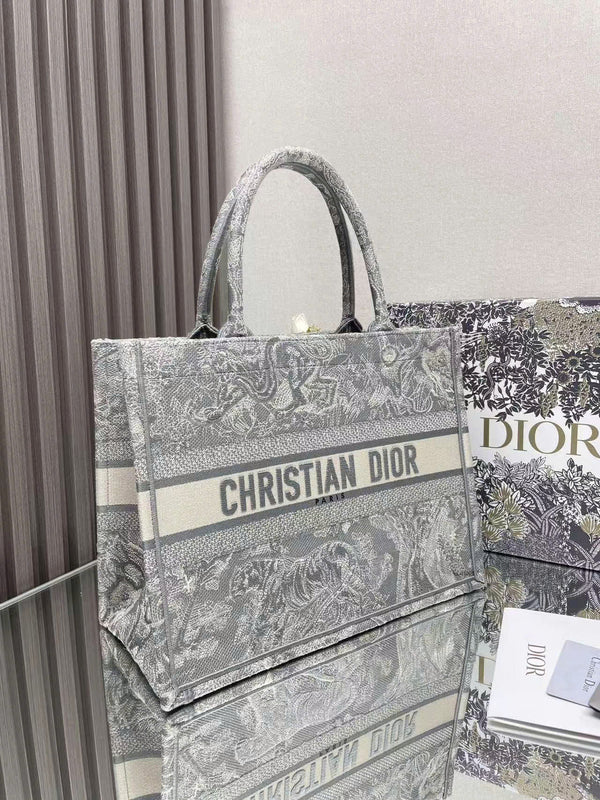 Sac cabas CD Book moyen 36 cm Tigre brodé gris argenté