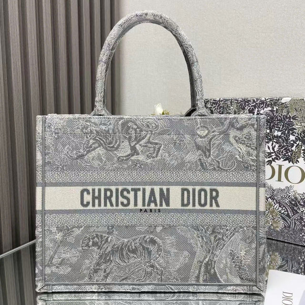 Sac cabas CD Book moyen 36 cm Tigre brodé gris argenté